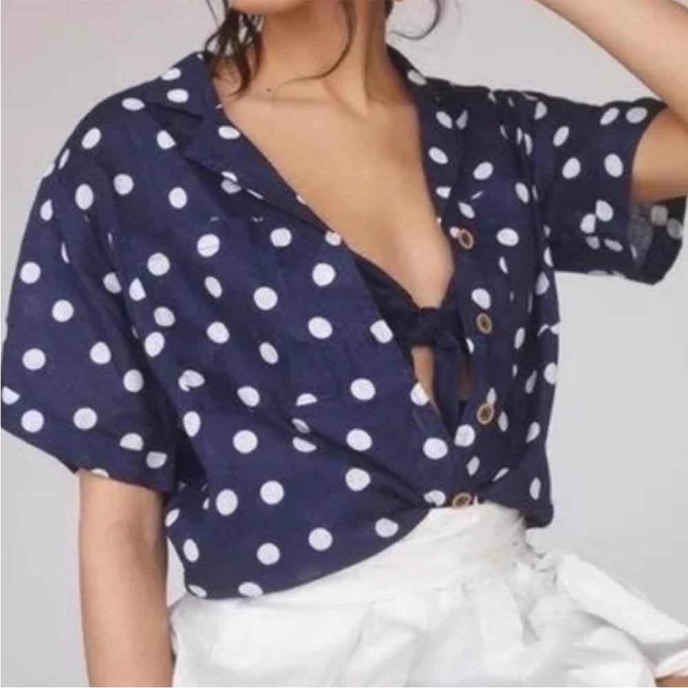 Anthropologie Maeve Navy Linen Polka Dot Top Sz M